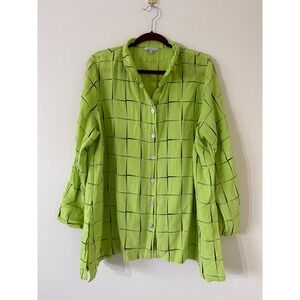 John Mark Lime Green Windowpane Grid Button Up Roll Tab Tunic Shirt 1X Boho